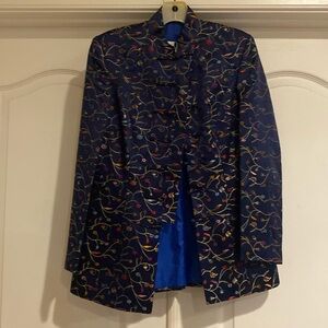 Fancy Blue Embroidered With Flowers Chinese Jacket with Chinese Collar